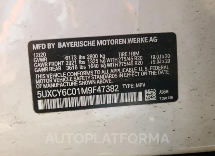 BMW X6 XDRIVE4 2021 vin 5UXCY6C01M9F47382 from auto auction Copart