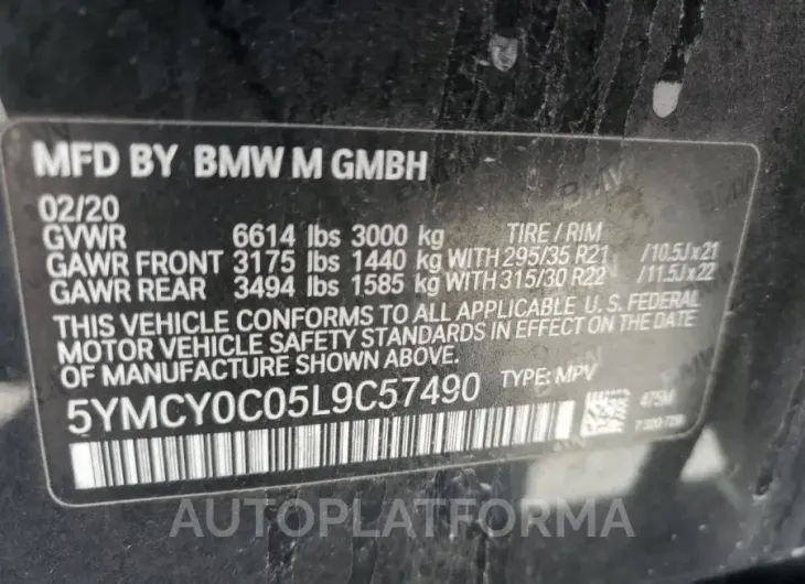 BMW X6 M 2020 vin 5YMCY0C05L9C57490 from auto auction Copart