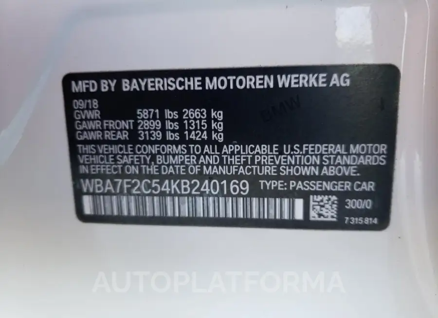 BMW 750 I 2019 vin WBA7F2C54KB240169 from auto auction Copart