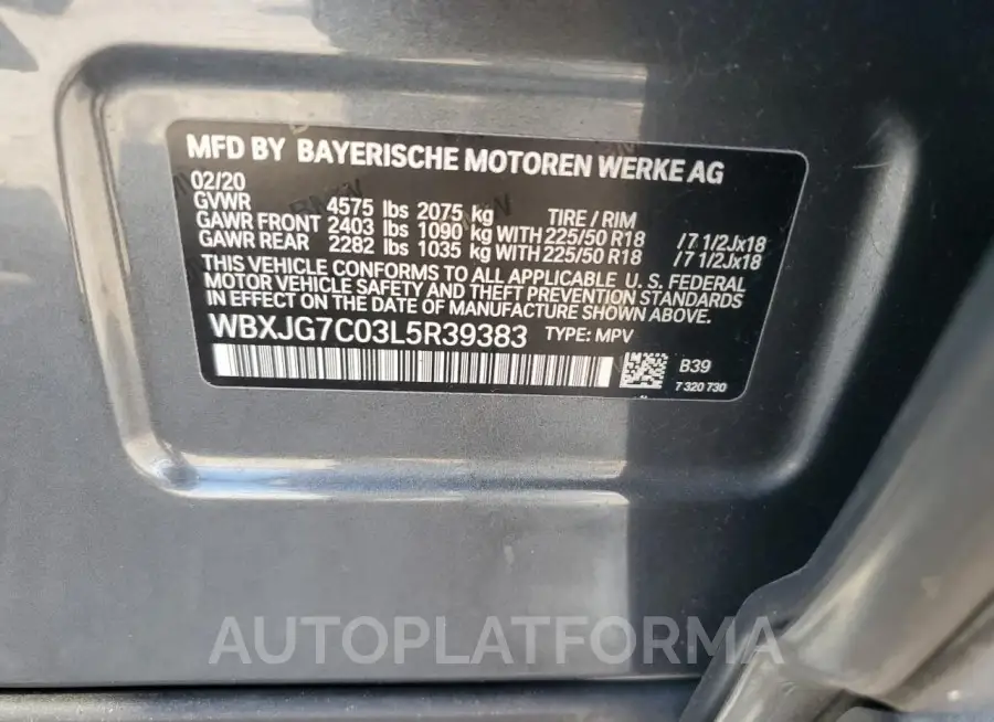 BMW X1 SDRIVE2 2020 vin WBXJG7C03L5R39383 from auto auction Copart