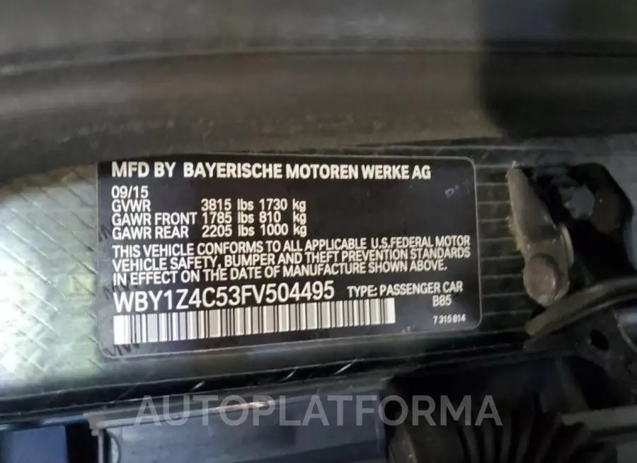 BMW I3 REX 2015 vin WBY1Z4C53FV504495 from auto auction Copart