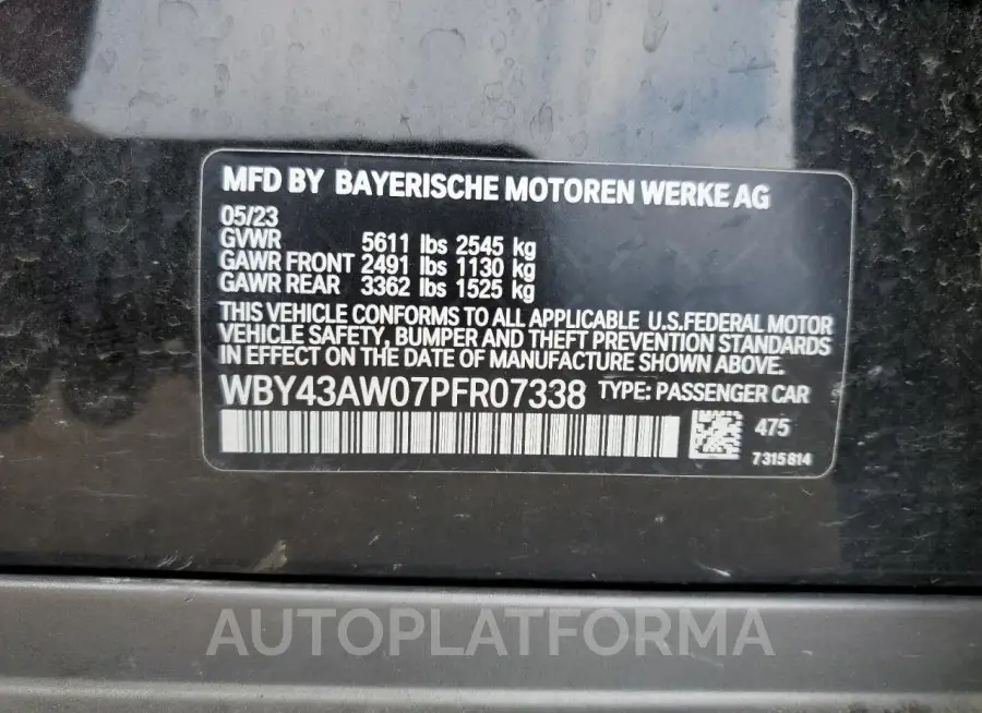 BMW I4 EDRIVE 2023 vin WBY43AW07PFR07338 from auto auction Copart