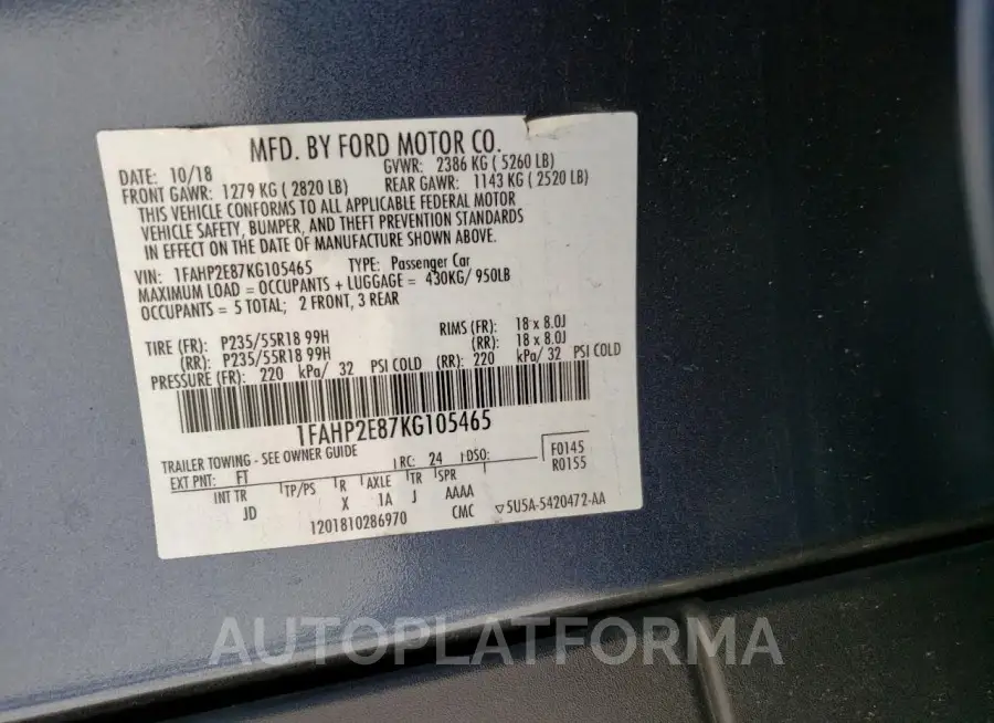 FORD TAURUS SEL 2019 vin 1FAHP2E87KG105465 from auto auction Copart