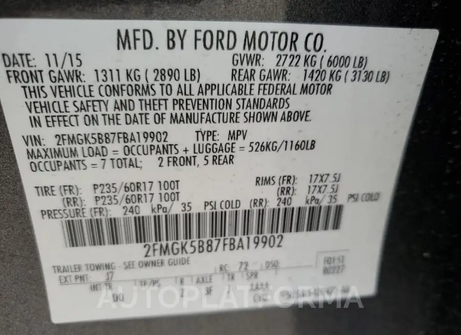 FORD FLEX SE 2015 vin 2FMGK5B87FBA19902 from auto auction Copart