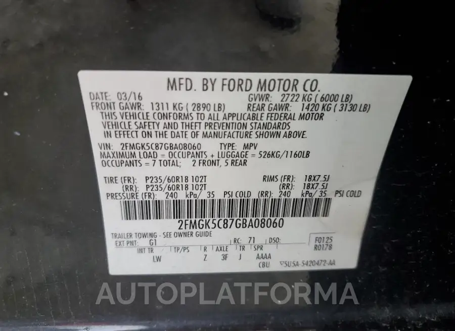 FORD FLEX SEL 2016 vin 2FMGK5C87GBA08060 from auto auction Copart