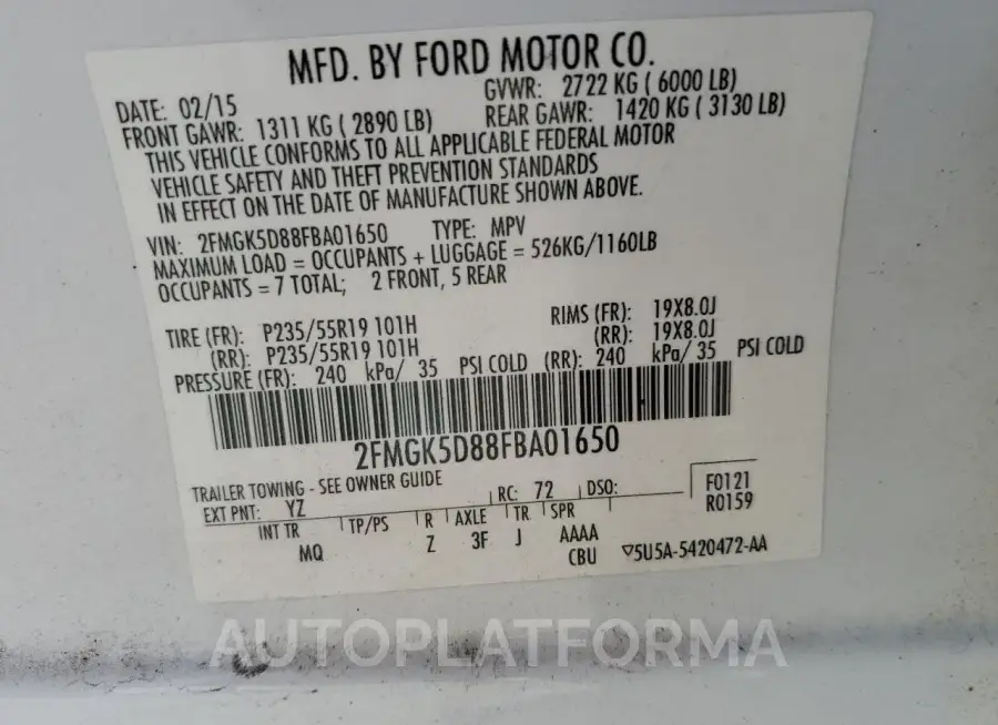 FORD FLEX LIMIT 2015 vin 2FMGK5D88FBA01650 from auto auction Copart