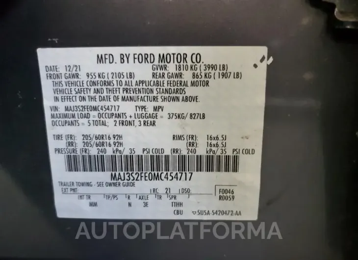 FORD ECOSPORT S 2021 vin MAJ3S2FE0MC454717 from auto auction Copart