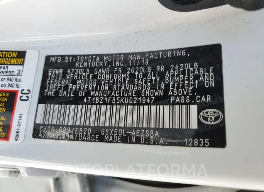 TOYOTA AVALON XLE 2019 vin 4T1BZ1FB5KU021947 from auto auction Copart