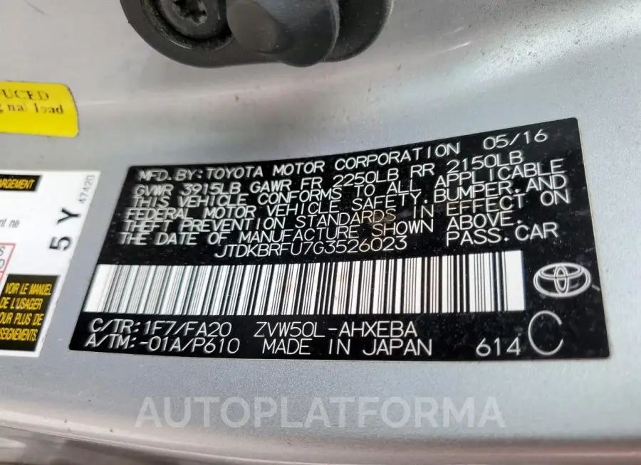 TOYOTA PRIUS 2016 vin JTDKBRFU7G3526023 from auto auction Copart