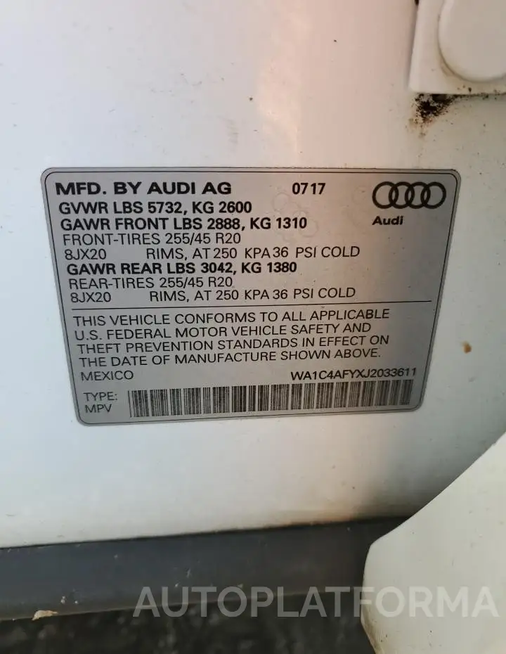 AUDI SQ5 PRESTI 2018 vin WA1C4AFYXJ2033611 from auto auction Copart