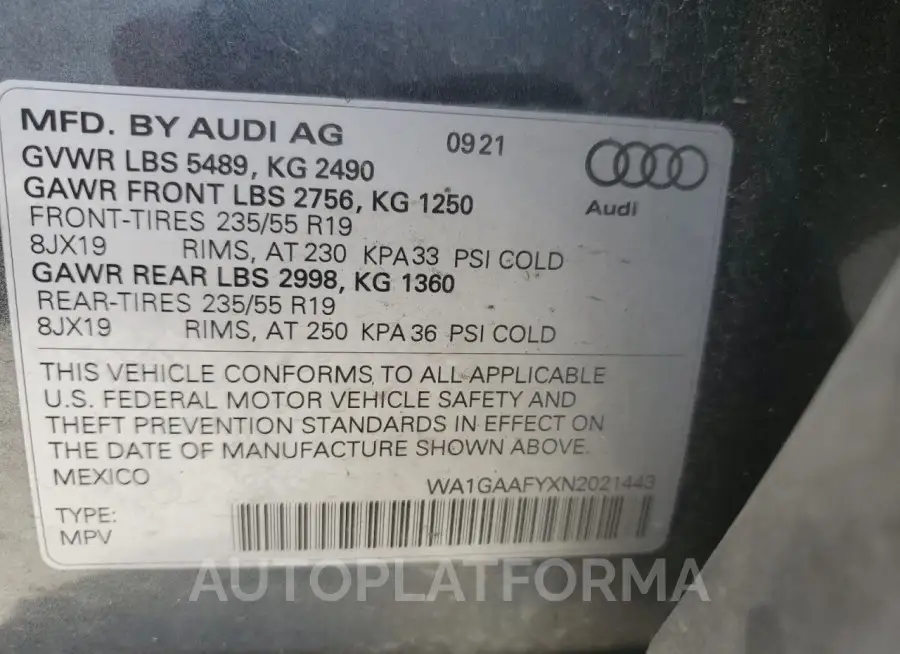 AUDI Q5 PREMIUM 2022 vin WA1GAAFYXN2021443 from auto auction Copart