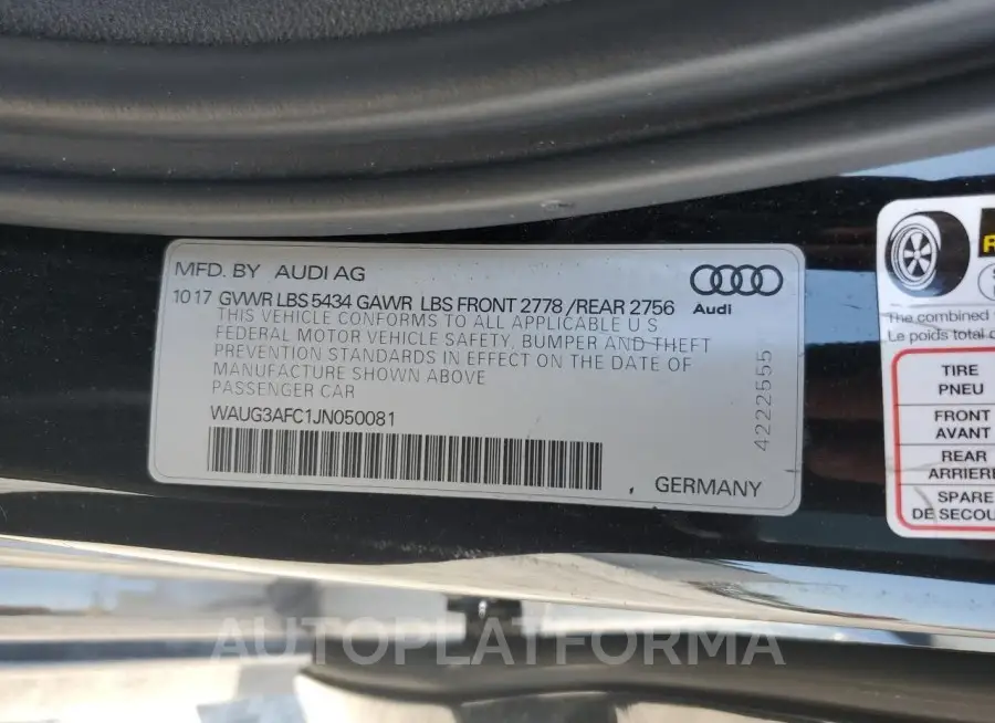 AUDI A6 PREMIUM 2018 vin WAUG3AFC1JN050081 from auto auction Copart