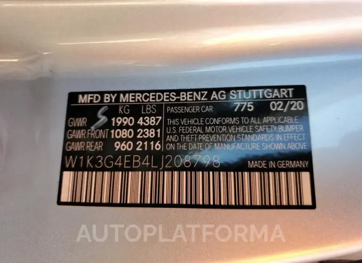 MERCEDES-BENZ A 220 2020 vin W1K3G4EB4LJ208798 from auto auction Copart