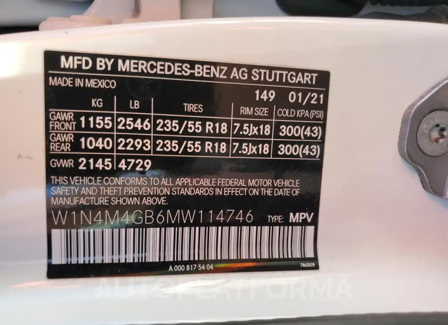 MERCEDES-BENZ GLB 250 2021 vin W1N4M4GB6MW114746 from auto auction Copart