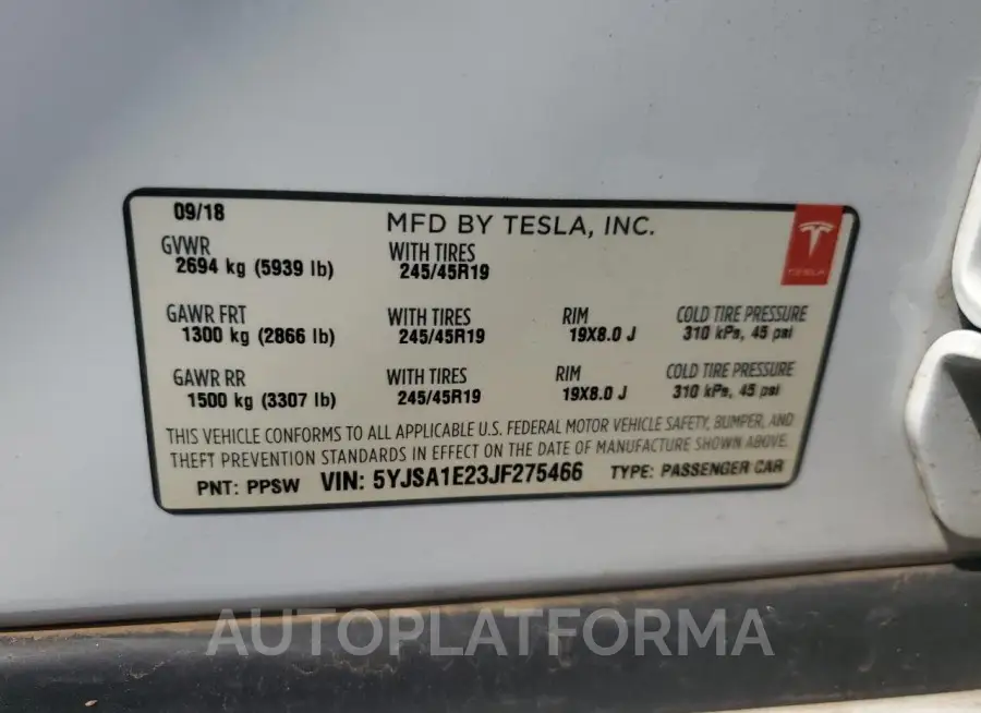 TESLA MODEL S 2018 vin 5YJSA1E23JF275466 from auto auction Copart