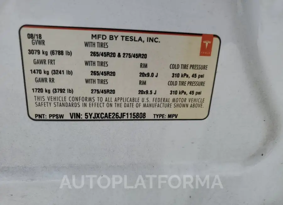 TESLA MODEL X 2018 vin 5YJXCAE26JF115808 from auto auction Copart