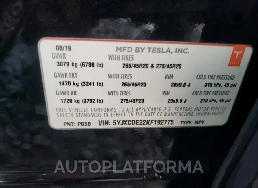 TESLA MODEL X 2019 vin 5YJXCDE22KF192775 from auto auction Copart