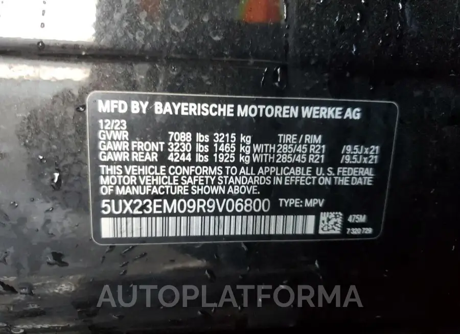 BMW X7 XDRIVE4 2024 vin 5UX23EM09R9V06800 from auto auction Copart