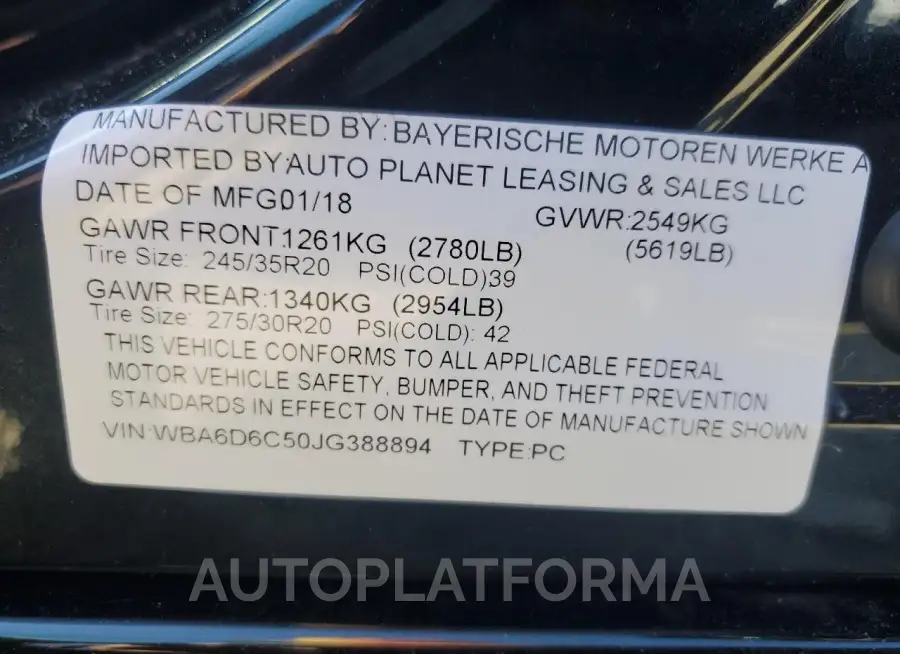 BMW 650 XI GRA 2018 vin WBA6D6C50JG388894 from auto auction Copart