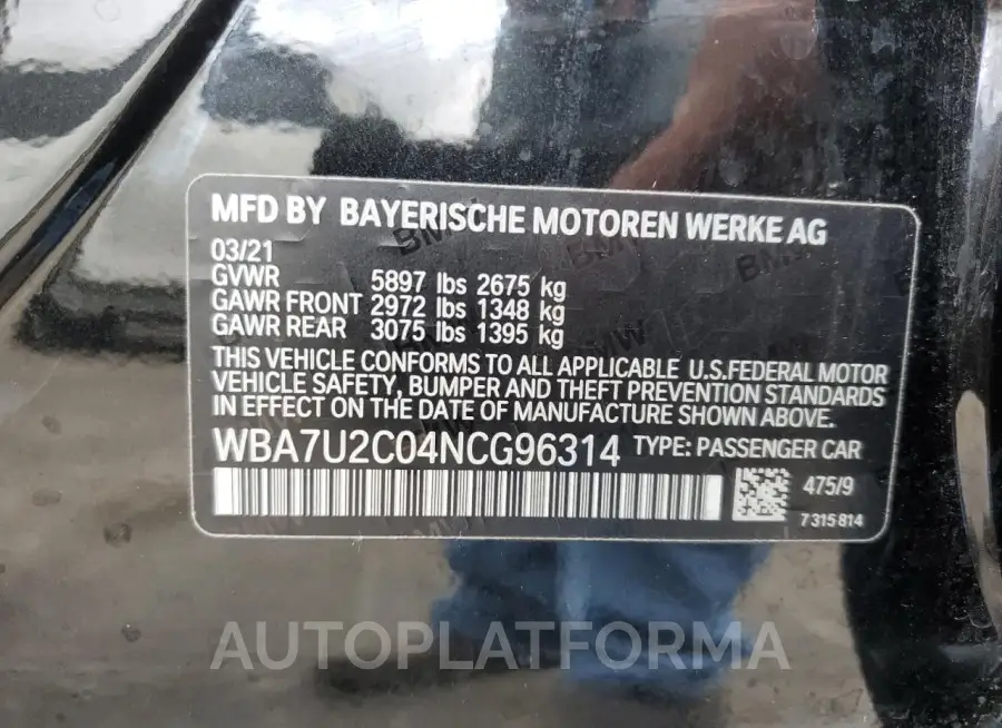 BMW 750 XI 2022 vin WBA7U2C04NCG96314 from auto auction Copart