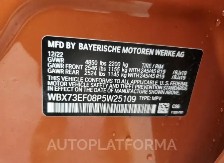 BMW X1 XDRIVE2 2023 vin WBX73EF08P5W25109 from auto auction Copart