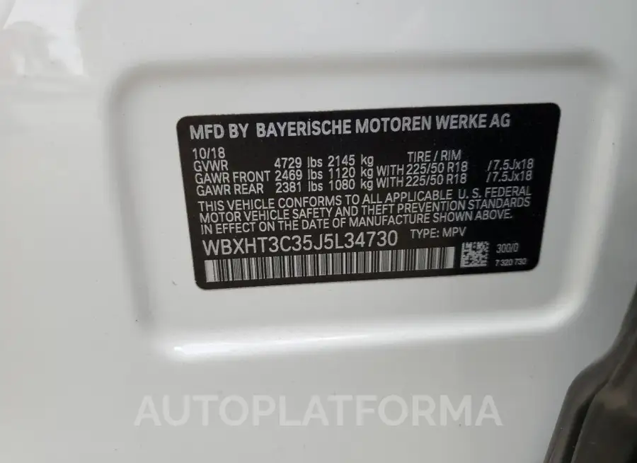 BMW X1 XDRIVE2 2018 vin WBXHT3C35J5L34730 from auto auction Copart