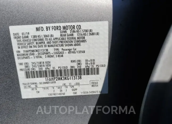 FORD TAURUS POL 2019 vin 1FAHP2MK3KG113138 from auto auction Copart