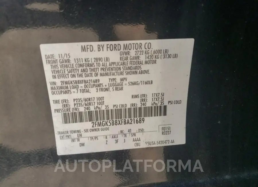 FORD FLEX SE 2015 vin 2FMGK5B8XFBA21689 from auto auction Copart