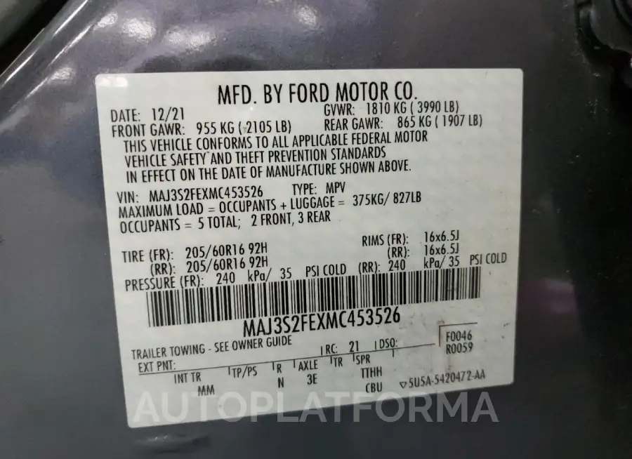 FORD ECOSPORT S 2021 vin MAJ3S2FEXMC453526 from auto auction Copart