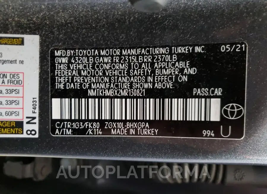 TOYOTA C-HR XLE 2021 vin NMTKHMBX2MR130821 from auto auction Copart