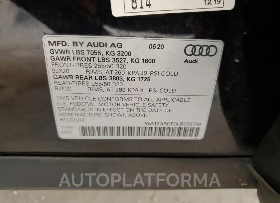 AUDI E-TRON SPO 2020 vin WA12ABGE3LB035704 from auto auction Copart