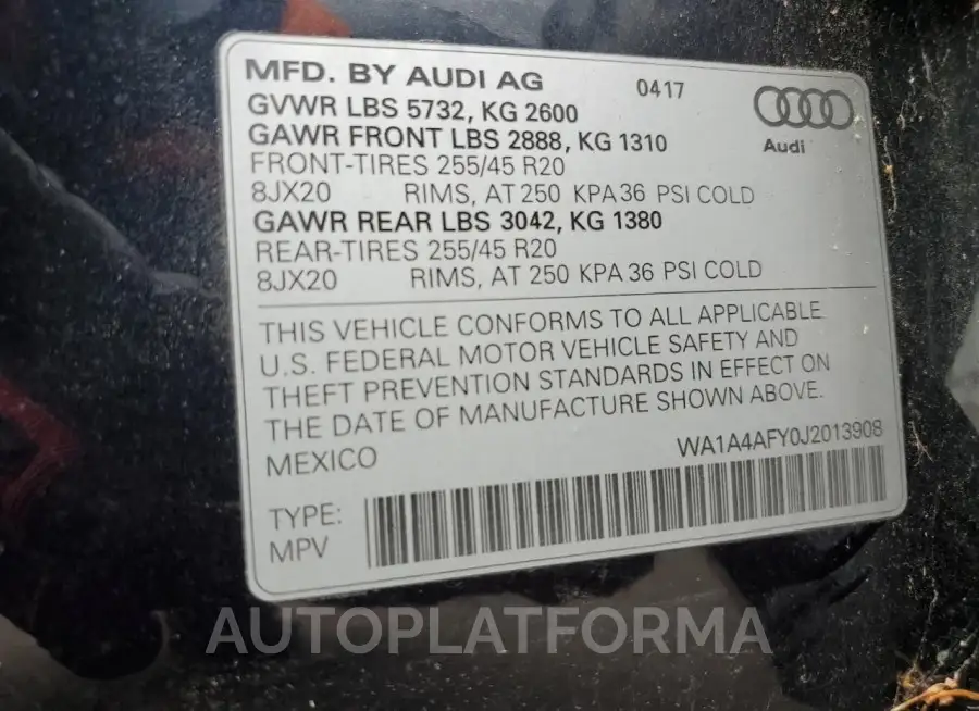 AUDI SQ5 PREMIU 2018 vin WA1A4AFY0J2013908 from auto auction Copart