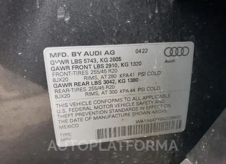 AUDI SQ5 PREMIU 2022 vin WA1A4AFY9N2096681 from auto auction Copart