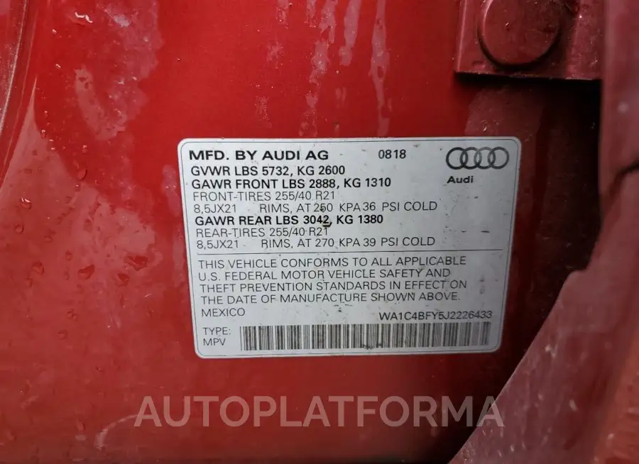 AUDI SQ5 PRESTI 2018 vin WA1C4BFY5J2226433 from auto auction Copart