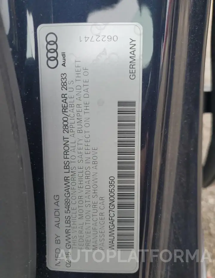 AUDI A7 PREMIUM 2016 vin WAUWGAFC7GN005350 from auto auction Copart