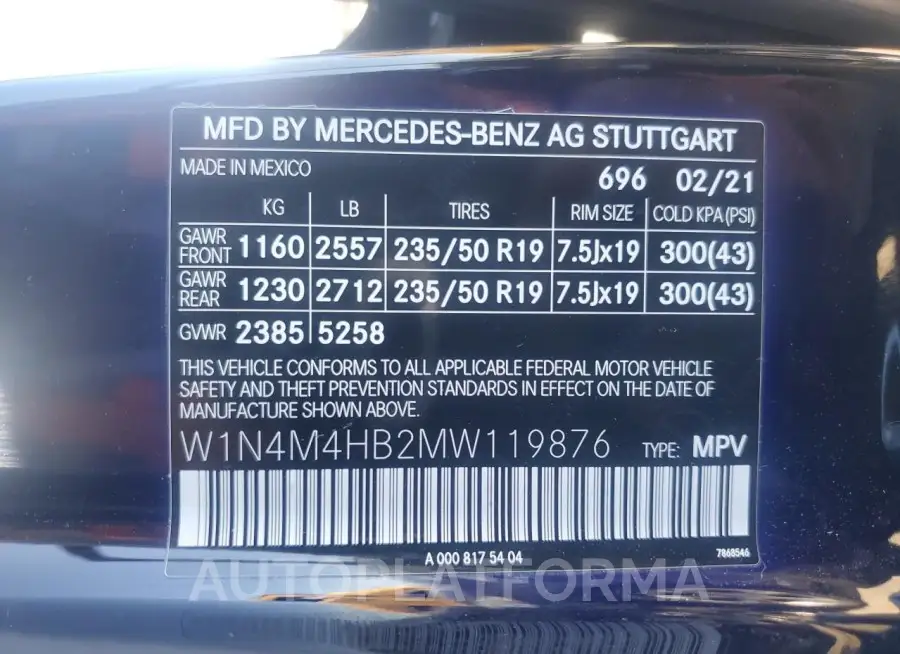 MERCEDES-BENZ GLB 250 4M 2021 vin W1N4M4HB2MW119876 from auto auction Copart