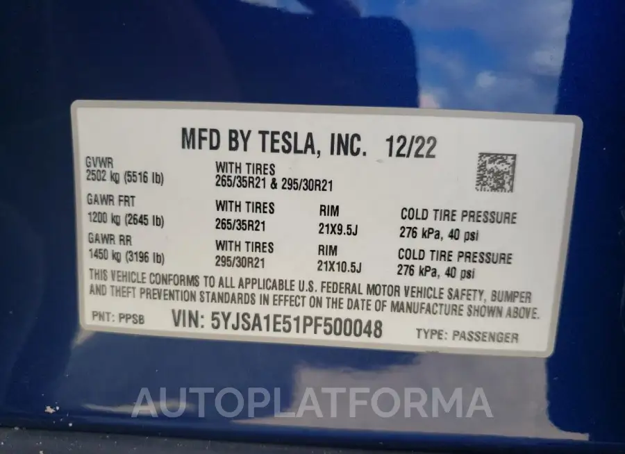 TESLA MODEL S 2023 vin 5YJSA1E51PF500048 from auto auction Copart