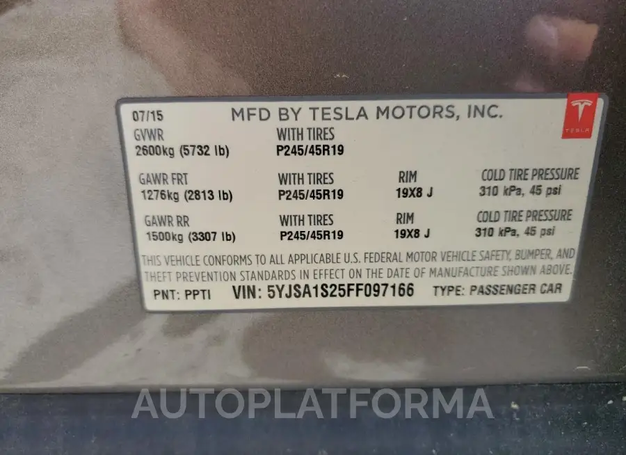 TESLA MODEL S 70 2015 vin 5YJSA1S25FF097166 from auto auction Copart