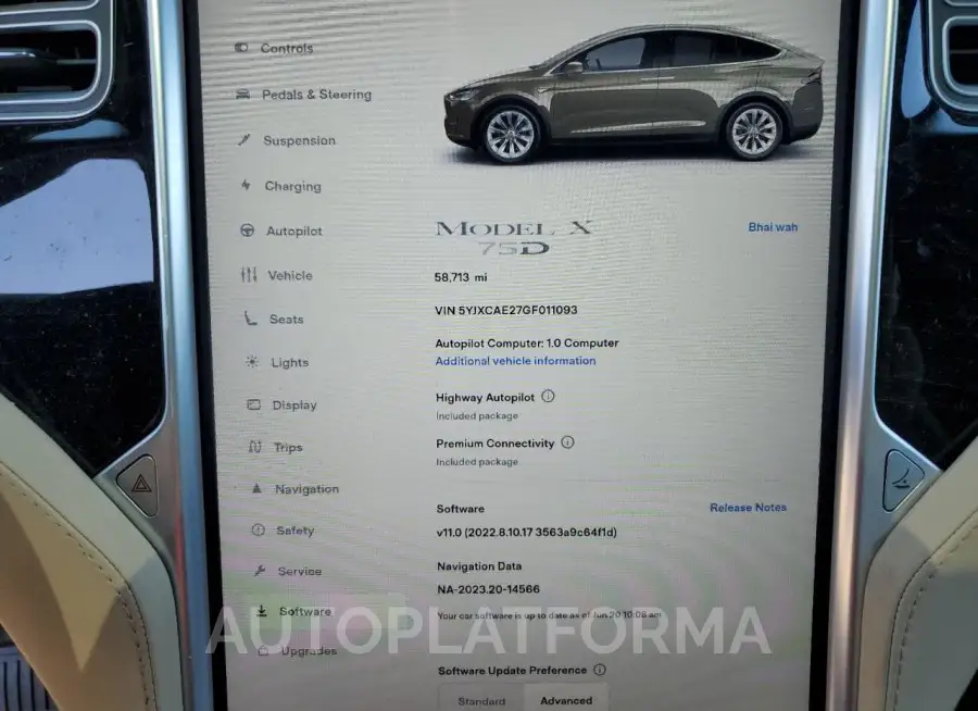 TESLA MODEL X 2016 vin 5YJXCAE27GF011093 from auto auction Copart