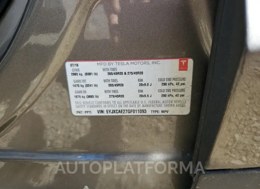 TESLA MODEL X 2016 vin 5YJXCAE27GF011093 from auto auction Copart