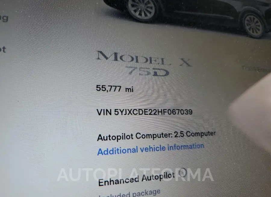 TESLA MODEL X 2017 vin 5YJXCDE22HF067039 from auto auction Copart