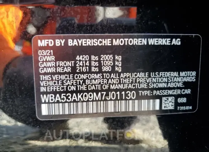 BMW 228I 2021 vin WBA53AK09M7J01130 from auto auction Copart