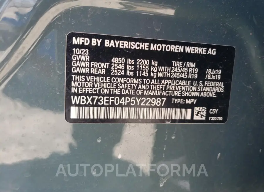 BMW X1 XDRIVE2 2023 vin WBX73EF04P5Y22987 from auto auction Copart