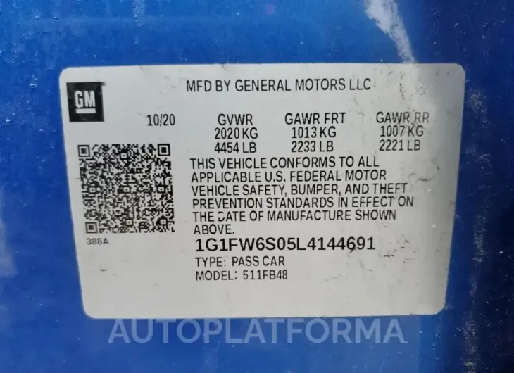 CHEVROLET BOLT EV LT 2020 vin 1G1FW6S05L4144691 from auto auction Copart