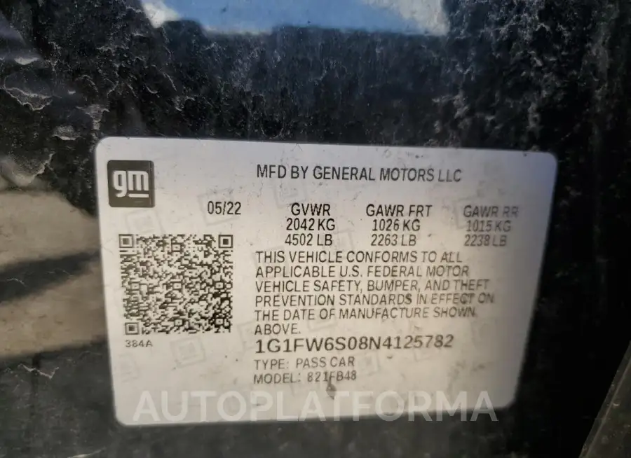 CHEVROLET BOLT EV 1L 2022 vin 1G1FW6S08N4125782 from auto auction Copart