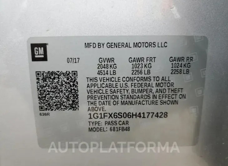 CHEVROLET BOLT EV PR 2017 vin 1G1FX6S06H4177428 from auto auction Copart