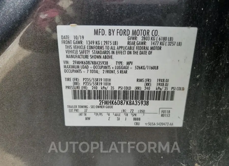 FORD FLEX LIMIT 2019 vin 2FMHK6D87KBA35938 from auto auction Copart