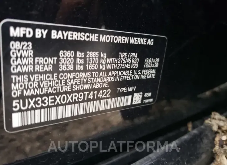 BMW X6 XDRIVE4 2024 vin 5UX33EX0XR9T41422 from auto auction Copart