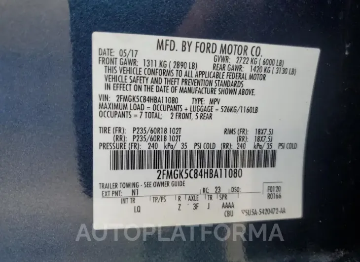 FORD FLEX SEL 2017 vin 2FMGK5C84HBA11080 from auto auction Copart