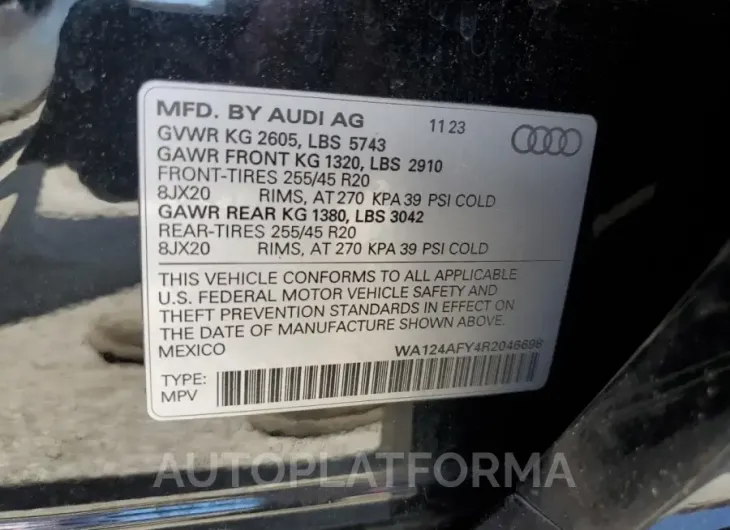 AUDI SQ5 SPORTB 2024 vin WA124AFY4R2046698 from auto auction Copart